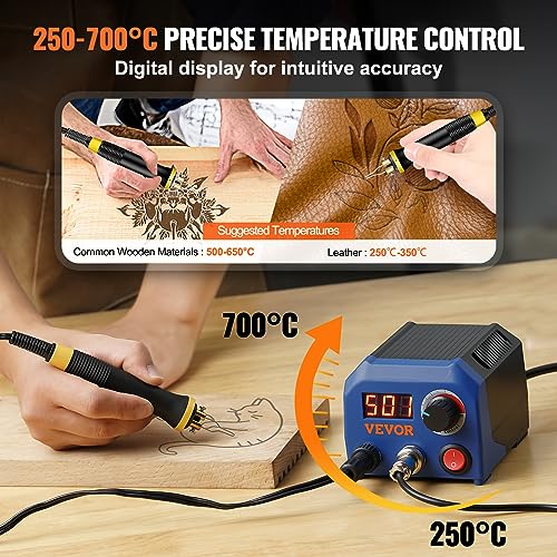 VEVOR Wood Burning Kit, 250~700°C Adjustable Temperature with Display, Dual Output Port with 2 Pyrography Pens, 23 Wire Nibs, 5 Solid-Point Tips, 2 VEVOR