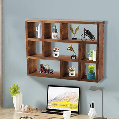 WUWEOT Shadow Box Display Shelf, 15" x 11.8" 9-Slot Rustic Floating Shelves, Wood Finish Wall Mountable/Freestanding Shelf for Wall Table or Desk - WoodArtSupply