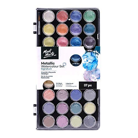 MONT MARTE Signature Metallic Watercolor Set, 37 Piece Pearl Paint, 36 Vibrant Colors, 1 Paint Brush MONT MARTE