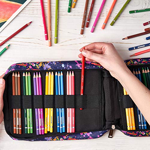 ARTEZA Pencil Case Organizer, 64 Elastic Slots, Paint Splatter Pattern, Large Capacity, Holds Up to 205 Pencils, Pens, and Markers