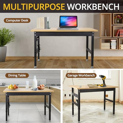 Work Bench, Height Adjustable Workbench Heavy Duty Oak Wood Desktop Work Table with Power Socket for Garage, Workshop, Office and Home(47.3 x 23.6