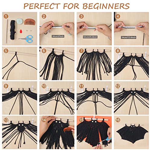 FREEBLOSS 3 Set DIY Macrame Wall Hanging Kit Bat Macrame Kit for Beginners Bat Wall Hanging Ornaments with Step by Step Tutorial - WoodArtSupply