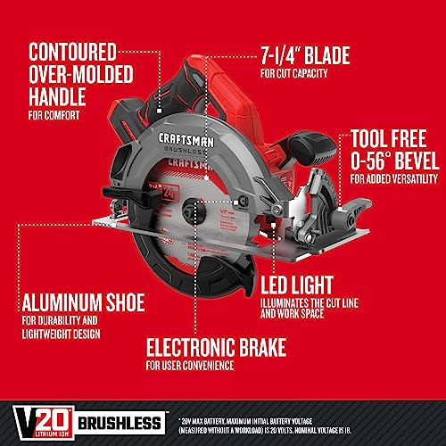 CRAFTSMAN V20 Cordless Circular Saw, 7-1/4 inch, Bare Tool Only (CMCS550B) Craftsman