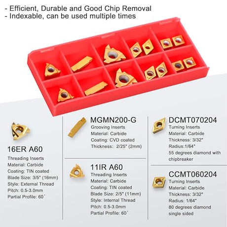 Metal Lathe Cutting Tools - 7PCS 1/2" Turning Holder Boring Bars with 14pcs Indexable Carbide Inserts CCMT060204 DCMT070204 11IR 16ER MGMN200-G IWONGO