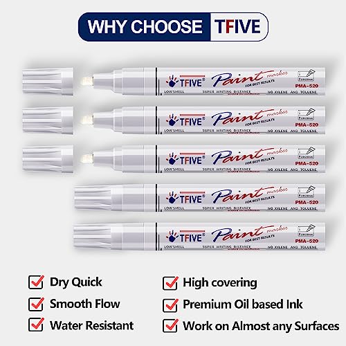 TFIVE White Paint Marker Paint Pens - 5 Pack Oil Based Permanent Marker Pen, Medium Tip, Waterproof & Quick Dry, for Office, Art projects, Rock TFIVE