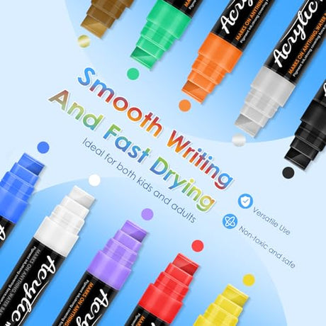 Acrylic Paint Markers, 10 Jumbo Colored Markers, 15mm Jumbo Felt Tip, Waterproof and Permanent Ink Paint Pens for Rock Painting, Stone, Ceramic, Jesew