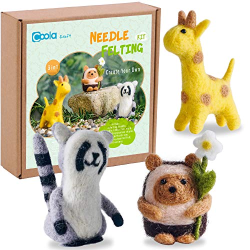 Needle Felting Beginner kit - Wool for Felting Cute Animals Kit Instruction Arts and Crafts Easy Funny Family Project Included 3 in 1 Giraffe Racoon - WoodArtSupply