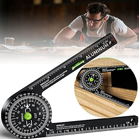 Miter Saw Protractor,Aluminum Protractor Angle Finder with Level Gauge High Precision Laser Inside & Outside Miter Angle Finder for Angle Finder Miotorio