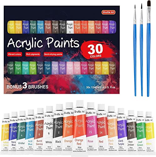Shuttle Art Acrylic Paint Set, 30 x12ml Tubes Artist Quality Non Toxic Rich Pigments Colors Great for Kids Adults Professional Painting on Canvas Wood Clay Fabric Ceramic Crafts