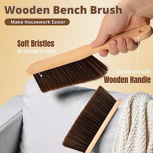 2 Pieces Woooden Dust Brush Hand Broom Bench Brush with Long Wood Handle Whisk Broom Soft Bristle Brush for Counter Bed Sofa Car Fireplace Clothes