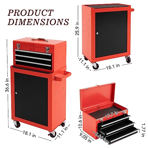 WAYTRIM 3-Drawer Rolling Tool Chest with Wheels, Tool Chest with Large Storage Cabinet and Adjustable Shelf, Removable Portable Top Box with Locking WAYTRIM