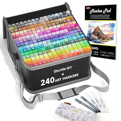 Shuttle Art 240 Colors Alcohol Markers, 239 Colors Dual Tip Art Marker Set Plus Colorless Blender, Micro-tip Pens, White Highlighter Pens, Marker Bag