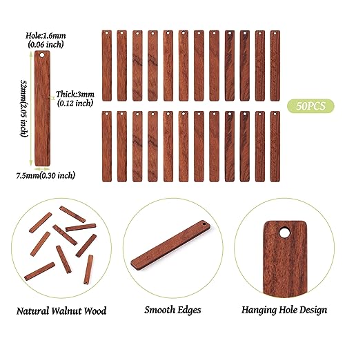 Pandahall 50Pcs Undyed Bar Wood Pendants Charms 52x7.5x3mm Blank Wooden Pieces Bead for Keychain Dangle Earring Necklace Jewelry Making and Home PH PandaHall