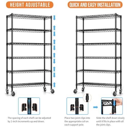 Hodonas Wire Shelving Unit with Wheels, 6-tier Metal Shelving with Adjustable Storage Shelves Freestanding Sturdy Metal Wire Storage Shelf Organizer - WoodArtSupply