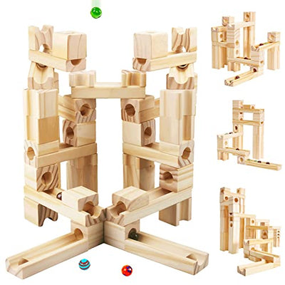 Wooden Marble Run for Kids Ages 4-8, 60 Pieces Wood Building Blocks Toys and Construction Play Set, Marble Track Maze Game STEM Learning Toys Gifts