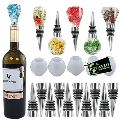 JOFAVIU 15 Pcs Resin Wine Bottle Stoppers Molds Set, Wine Stopper Silicone Molds for Epoxy Resin, Stopper Epoxy Resin Silicone Molds Set Kits (5