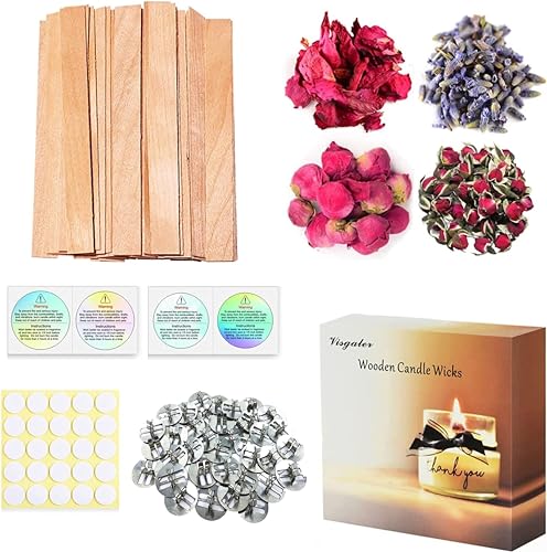 Visgaler 50 Set Natural Wood Wicks for Candle Making, 5.1 X 0.5 X 0.04 Inch Double-Thickness Wood Wick, Smokeless Crackling Wooden Wicks with Iron Visgaler