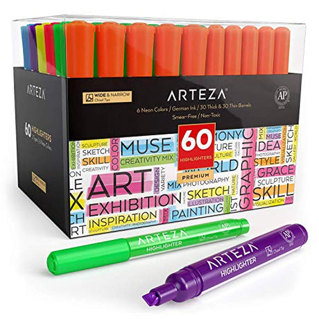 ARTEZA Highlighters Assorted Colors, Set of 60, Wide and Narrow Chisel Tip Pens, Bulk Highlighters, Office and Back to School Supplies for Classroom, ARTEZA