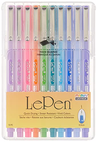 Uchida Of America 4300-10C 10-Piece 0.3 Point Size Le Pen Drawing Pen Set, Blue, Orange, Lavender, Pink, Light Blue - WoodArtSupply