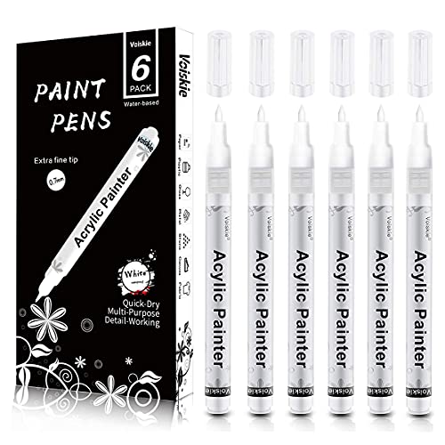 Paint Pens White Marker 6 Pack,0.7mm Acrylic White Permanent Marker,White Paint Pens for Rock Painting Stone Ceramic Glass Wood Plastic Glass Metal PHOSEA