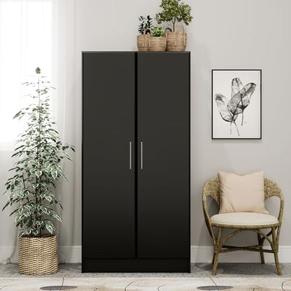 Prepac Elite 32" Storage Cabinet Closet, Black Storage Cabinet, Linen Cabinet, Wardrobe Cabinet with Hanging Rail and Shelves 20" D x 32" W x 35" H, - WoodArtSupply