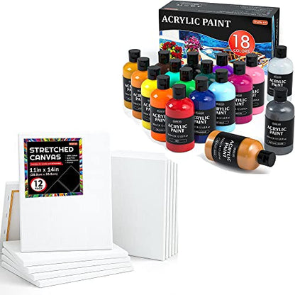 Shuttle Art Stretched Canvas and Acrylic Paint Bundle, Art Painting Supplies Set for 18 Colors Acrylic Paint Bottles (240ml/8.12oz) & 12 Pack - WoodArtSupply