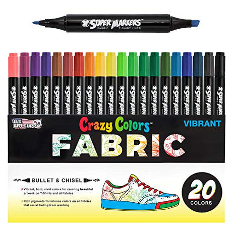 US Art Supply Super Markers 20 Unique Colors Dual Tip Fabric & T-Shirt Marker Set-Double-Ended with Chisel Point and Fine Point Tips - 20 Permanent US Art Supply
