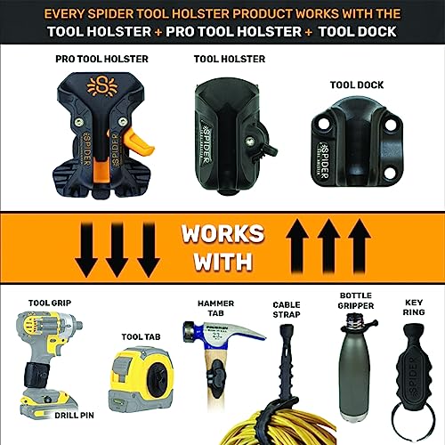 Spider Tool Holster - Pro Tool Holster + Two Driver Pins - Upgraded, Self Locking Multi Tool Holder with Ambidextrous Thumb Lock - Compatible with Spider