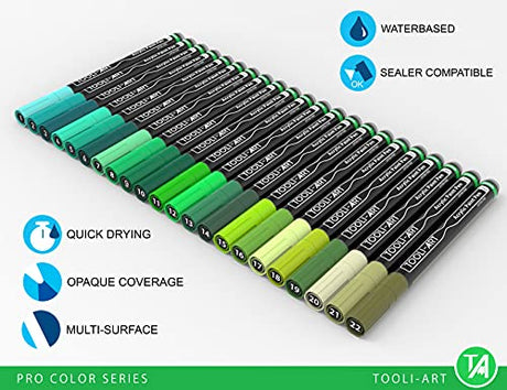 Acrylic Paint Pens 22 Green Tones Assorted Pro Color Series Markers Set 0.7mm Extra Fine Tip for Rock Painting, Glass, Mugs, Wood, Metal, Canvas, DIY TOOLI-ART