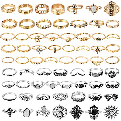 PANTIDE 67Pcs Vintage Knuckle Rings Set Stackable Finger Rings Midi Rings for Women Bohemian Hollow Carved Flowers Gold&Silver Rings Crystal Joint - WoodArtSupply