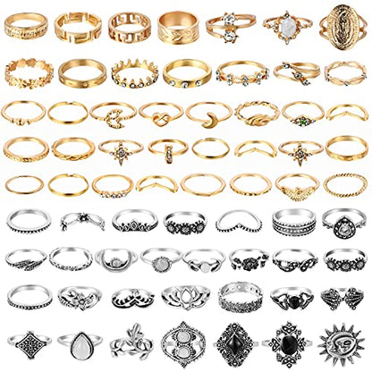 PANTIDE 67Pcs Vintage Knuckle Rings Set Stackable Finger Rings Midi Rings for Women Bohemian Hollow Carved Flowers Gold&Silver Rings Crystal Joint - WoodArtSupply