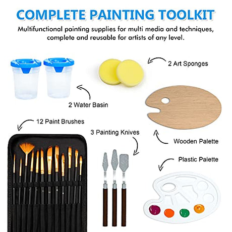 50 Pack Canvas Painting Kit, Shuttle Art Painting Supplies with 28 Multi Sizes Canvas Boards for Painting and 22 Tools including Paint Brushes, Shuttle Art