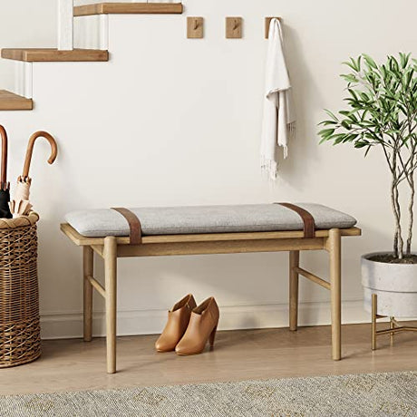 Nathan James Gugan Mid-Century Wood Entryway Bench Seat, Dining Room, Light Brown/Ivory Nathan James