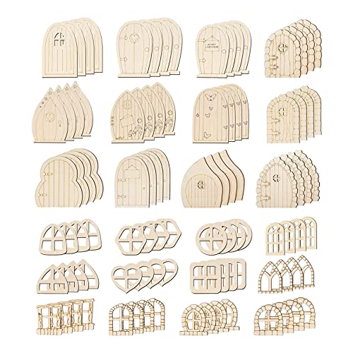 96 Pcs Unfinished Fairy Door Wooden Garden Blank Mini Unpainted Wood Fairy Window DIY Craft for Embellishments Dollhouse Fairy Door for Wall Home