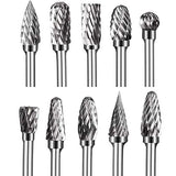 Double Cut Tungsten Carbide Carving Bits for Rotary Tool, 10 Pcs Rotary Burr Set with 1/8 inch Shank and 1/4 inch Grinding Head for DIY, Woodworking, shengbenhao
