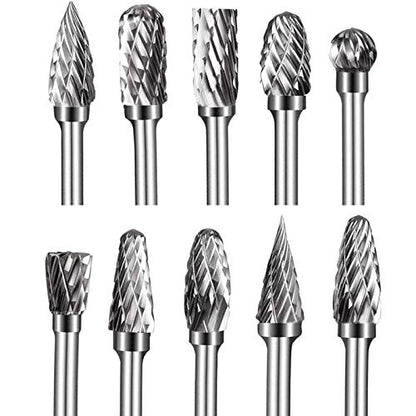 Double Cut Tungsten Carbide Carving Bits for Rotary Tool, 10 Pcs Rotary Burr Set with 1/8 inch Shank and 1/4 inch Grinding Head for DIY, Woodworking,