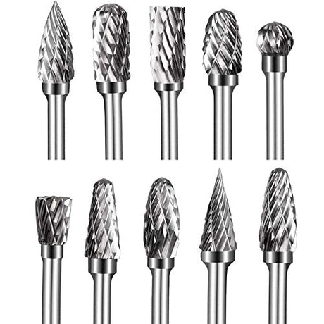 Double Cut Tungsten Carbide Carving Bits for Rotary Tool, 10 Pcs Rotary Burr Set with 1/8 inch Shank and 1/4 inch Grinding Head for DIY, Woodworking, shengbenhao
