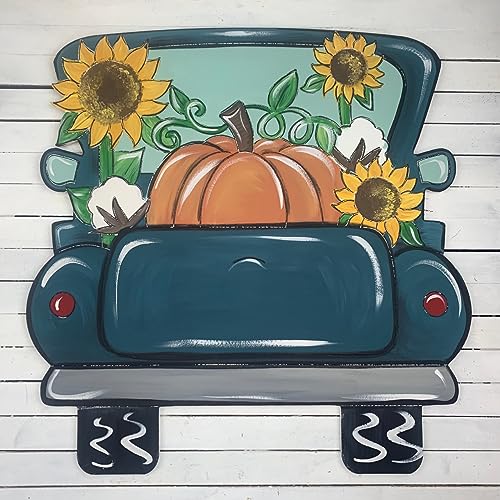 Fall Truck with Pumpkin, Sunflowers and Cotton, Fall Shape, Unfinished Wood Cutout, Paint by Line, Build-A-Cross - WoodArtSupply