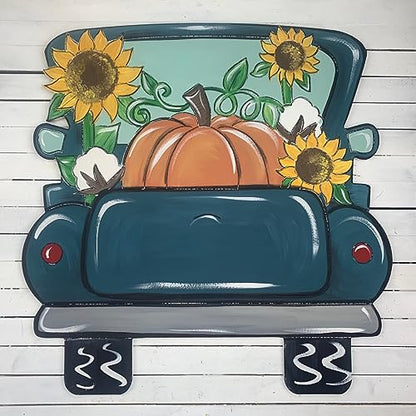 Fall Truck with Pumpkin, Sunflowers and Cotton, Fall Shape, Unfinished Wood Cutout, Paint by Line, Build-A-Cross - WoodArtSupply