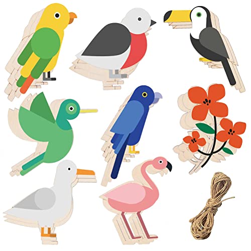 Unfinished Wooden Cutouts Bird Wood Hanging Ornaments Flower Wood Slices Embellishments Blank Wooden Paint Crafts for Kids Painting, DIY Crafts Home