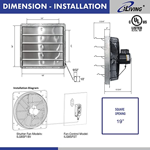 iLIVING 18" Wall Mounted Shutter Exhaust Fan, Automatic Shutter, with Thermostat and Variable Speed controller, 0.85A, 1736 CFM, 2600 SQF Coverage - WoodArtSupply