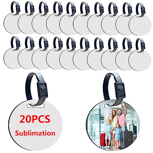 20 pcs Sublimation Blanks Luggage Tag Round Bulk MDF with Belt White Sublimation Blank Products Travel Bag Name ID Card Luggage Tags with AiDiYGECO