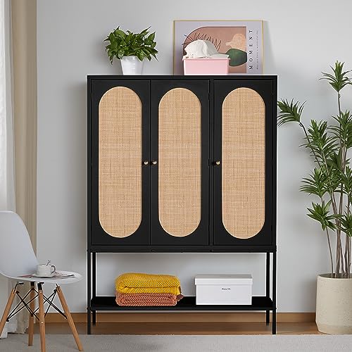 LEVNARY Large Armoire Wardrobe Closet with 3 Doors, Rattan Wardrobe Cabinet with Hanging Rail for Clothes, Freestanding Wooden Closet for Bedroom, LEVNARY