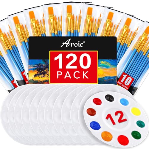 Painting Brush Palette Set, with 12 Packs of 120 Brushes and 12 Palettes,Nylon Brush Head, Suitable for Oil Watercolor, etc., Perfect Art Painting - WoodArtSupply