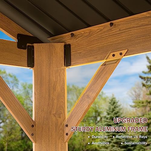 Domi 12x20FT Hardtop Gazebo, Galvanized Steel Gable Roof Gazebo Pergola with Wood Grain Aluminum Frame, Outdoor Permanent Gazebo Pavilion for Patio, - WoodArtSupply