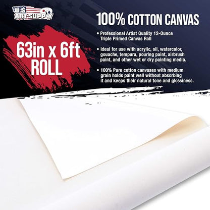 U.S. Art Supply 63" Wide x 2 Yards (6 Feet) Long Unstretched Canvas Roll - 100% Cotton, 12-Ounce Triple Primed Gesso, Acid-Free - Pro Artist Quality, - WoodArtSupply