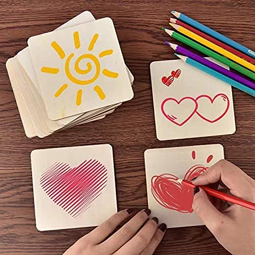 100Pcs Unfinished Square 3x3 Inch Wood Pieces, Blank Wooden Cutouts for Crafts,Squares Cutout Tiles Unfinished Wood Cup Coasters Natural Slices
