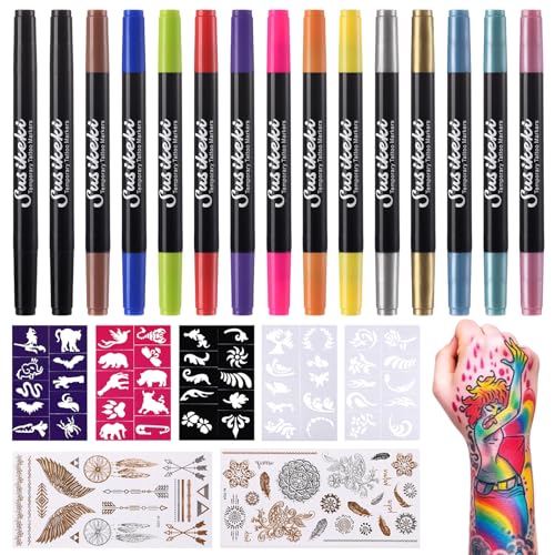 Temporary Tattoo Markers for Skin,15PCS Dual-Ended Tattoo Pen + 50 Paint Stencils + 43 Tattoos Stickers,Glitter & Matte & Neon Glow Body Marker Set, SUSIKEKI