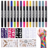 Temporary Tattoo Markers for Skin,15PCS Dual-Ended Tattoo Pen + 50 Paint Stencils + 43 Tattoos Stickers,Glitter & Matte & Neon Glow Body Marker Set, SUSIKEKI