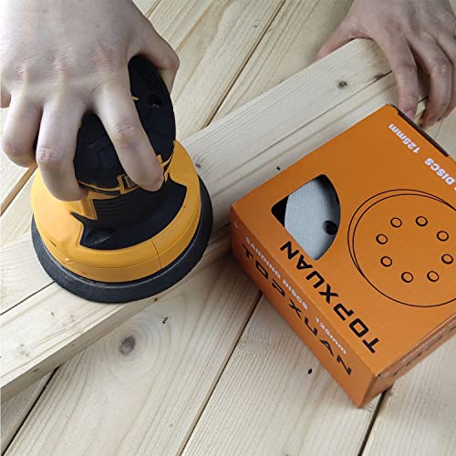 TOPXUAN Orbital Sander Pads, 5 Inch 8 Holes, Hook and Loop Dry Abrasive Gold Sandpaper, Suitable for Wood, Metal, Plastic Grinding and Polishing, TOPXUAN